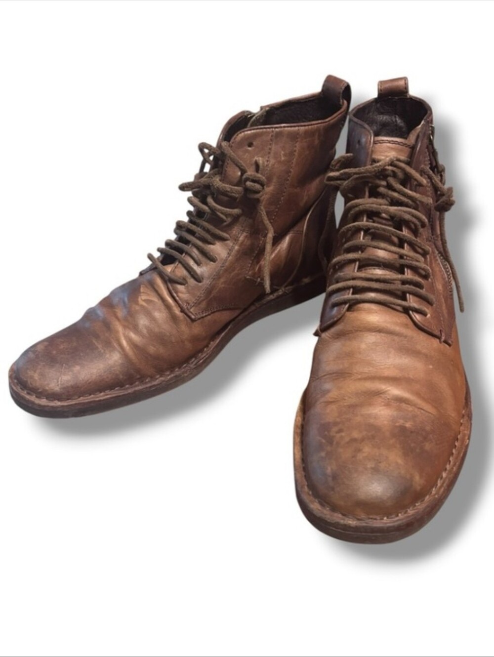 JOHN VARVATOS Brown Leather Boots Barrett Side Zip Lace up Distressed Size 10